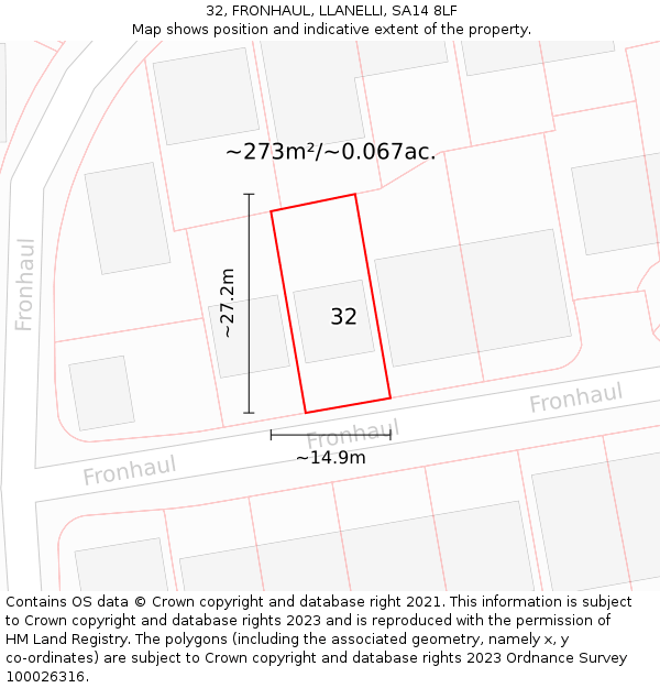 32, FRONHAUL, LLANELLI, SA14 8LF: Plot and title map