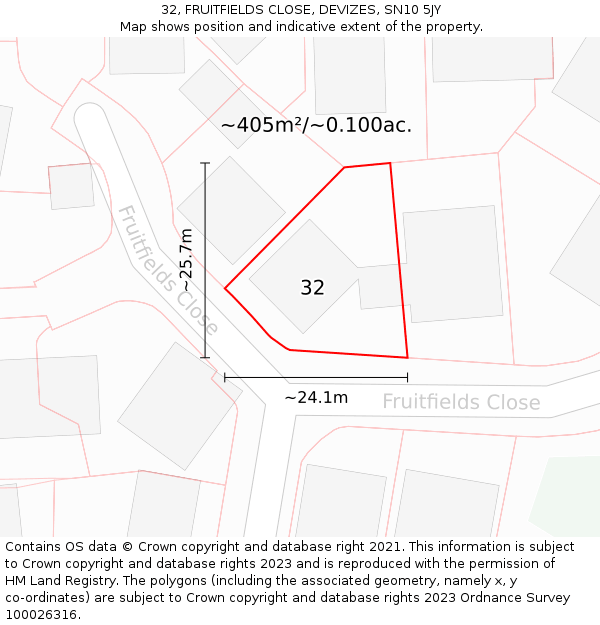 32, FRUITFIELDS CLOSE, DEVIZES, SN10 5JY: Plot and title map