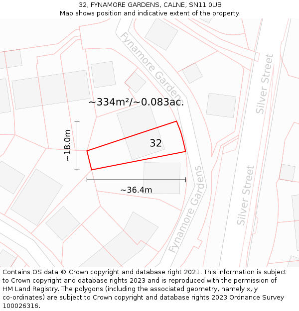 32, FYNAMORE GARDENS, CALNE, SN11 0UB: Plot and title map