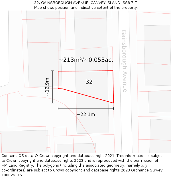 32, GAINSBOROUGH AVENUE, CANVEY ISLAND, SS8 7LT: Plot and title map
