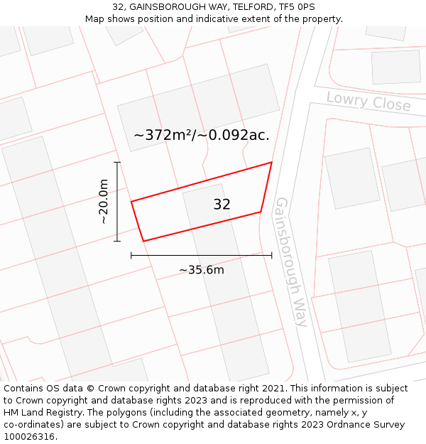 32, GAINSBOROUGH WAY, TELFORD, TF5 0PS: Plot and title map