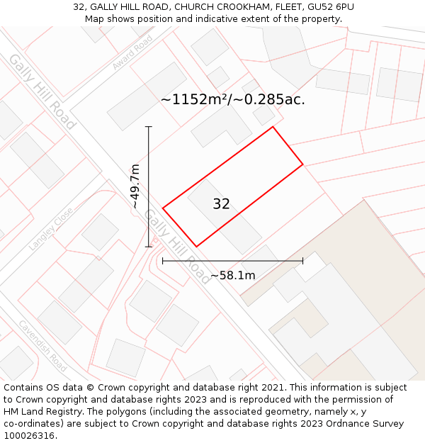 32, GALLY HILL ROAD, CHURCH CROOKHAM, FLEET, GU52 6PU: Plot and title map