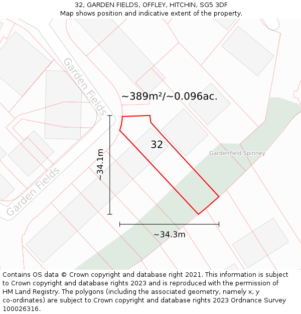 32, GARDEN FIELDS, OFFLEY, HITCHIN, SG5 3DF: Plot and title map