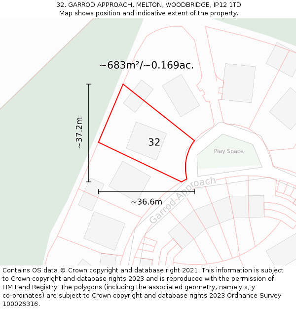32, GARROD APPROACH, MELTON, WOODBRIDGE, IP12 1TD: Plot and title map