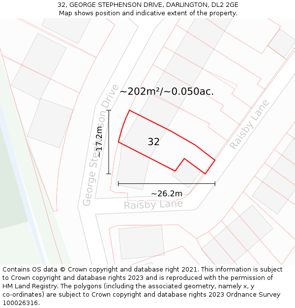 32, GEORGE STEPHENSON DRIVE, DARLINGTON, DL2 2GE: Plot and title map