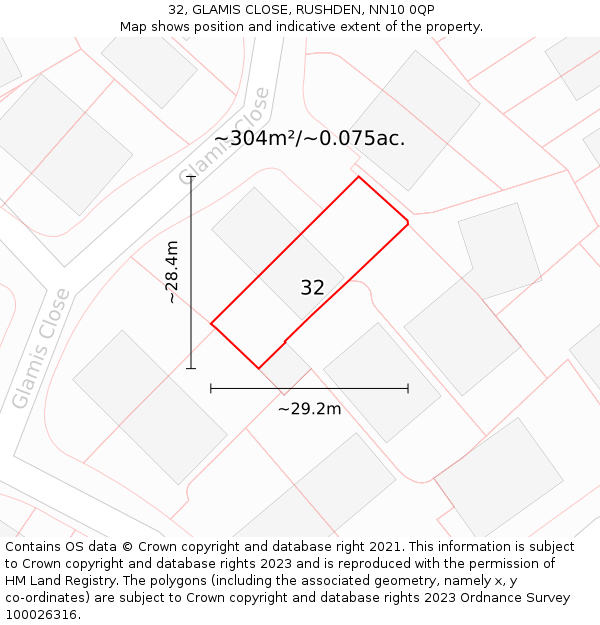 32, GLAMIS CLOSE, RUSHDEN, NN10 0QP: Plot and title map
