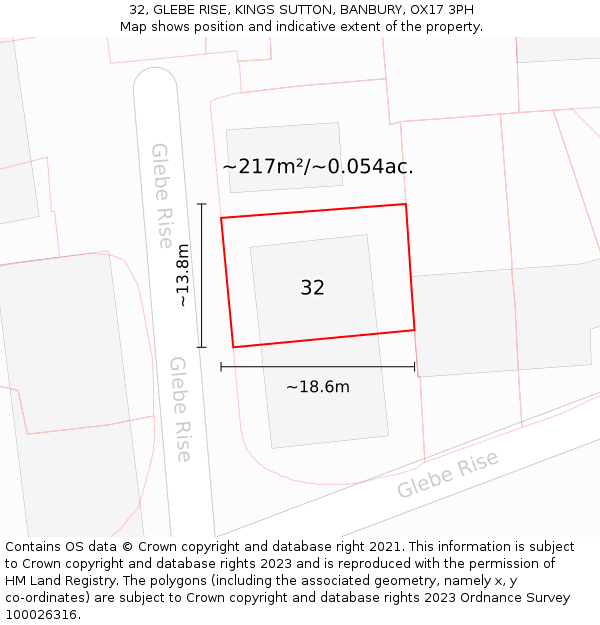 32, GLEBE RISE, KINGS SUTTON, BANBURY, OX17 3PH: Plot and title map