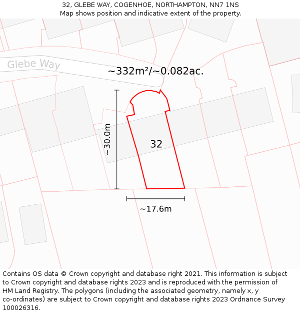 32, GLEBE WAY, COGENHOE, NORTHAMPTON, NN7 1NS: Plot and title map