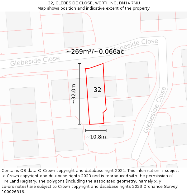 32, GLEBESIDE CLOSE, WORTHING, BN14 7NU: Plot and title map