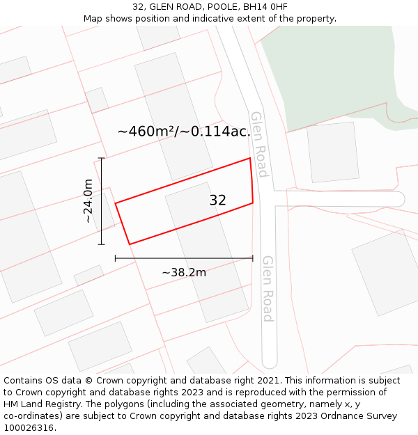 32, GLEN ROAD, POOLE, BH14 0HF: Plot and title map