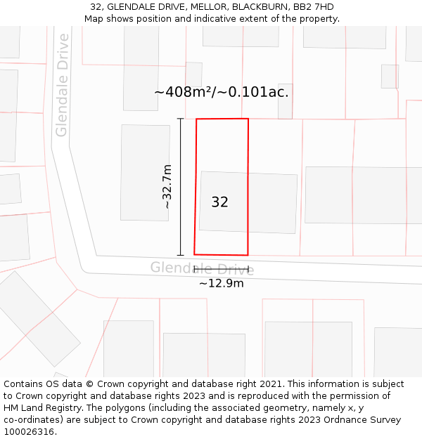 32, GLENDALE DRIVE, MELLOR, BLACKBURN, BB2 7HD: Plot and title map