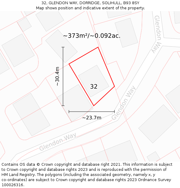 32, GLENDON WAY, DORRIDGE, SOLIHULL, B93 8SY: Plot and title map