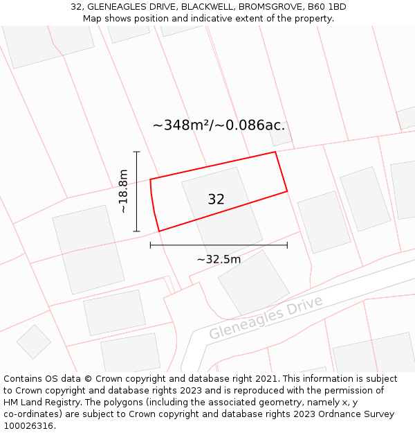 32, GLENEAGLES DRIVE, BLACKWELL, BROMSGROVE, B60 1BD: Plot and title map