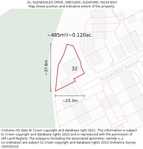 32, GLENEAGLES DRIVE, GREYLEES, SLEAFORD, NG34 8GH: Plot and title map