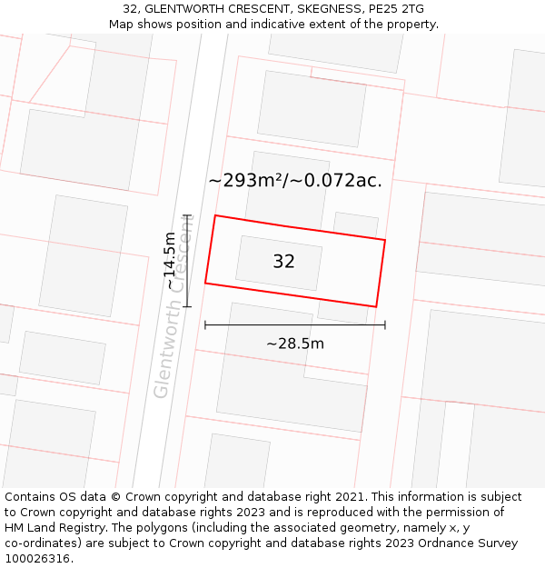 32, GLENTWORTH CRESCENT, SKEGNESS, PE25 2TG: Plot and title map