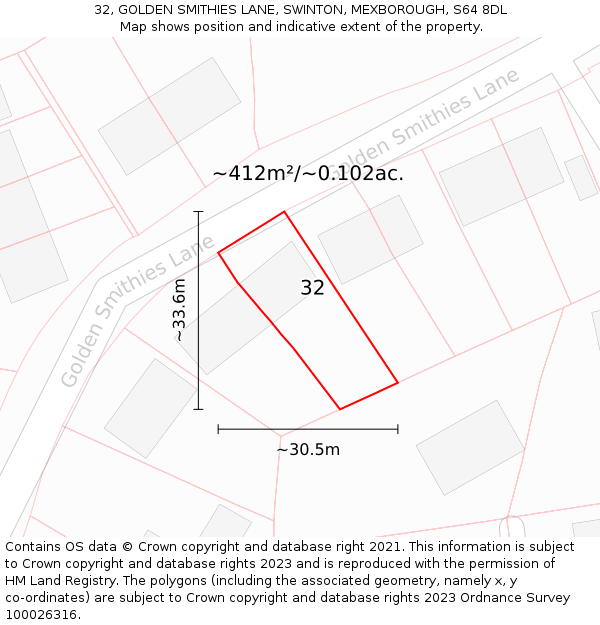 32, GOLDEN SMITHIES LANE, SWINTON, MEXBOROUGH, S64 8DL: Plot and title map