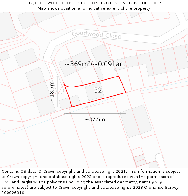 32, GOODWOOD CLOSE, STRETTON, BURTON-ON-TRENT, DE13 0FP: Plot and title map