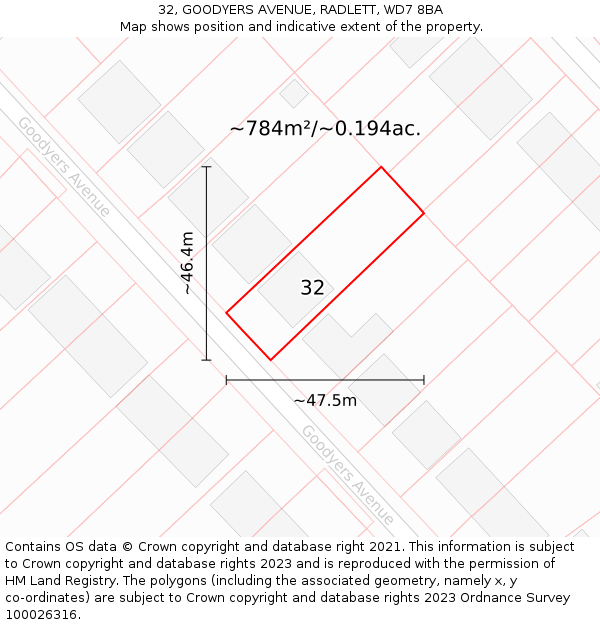 32, GOODYERS AVENUE, RADLETT, WD7 8BA: Plot and title map