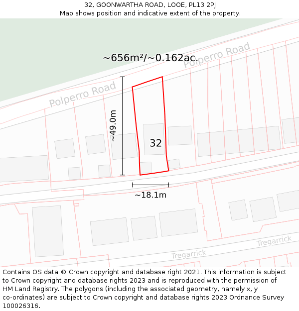32, GOONWARTHA ROAD, LOOE, PL13 2PJ: Plot and title map