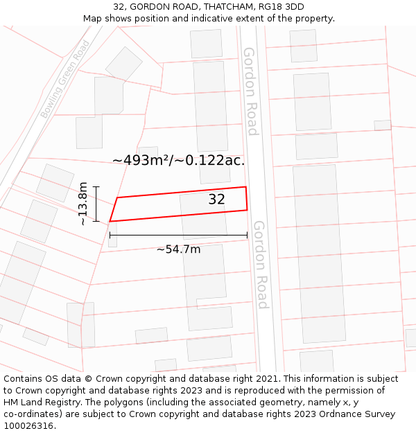 32, GORDON ROAD, THATCHAM, RG18 3DD: Plot and title map