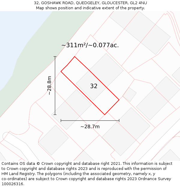 32, GOSHAWK ROAD, QUEDGELEY, GLOUCESTER, GL2 4NU: Plot and title map