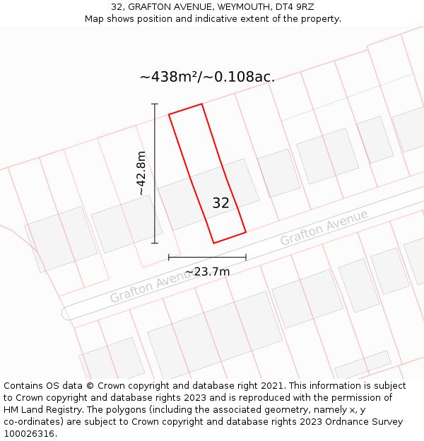 32, GRAFTON AVENUE, WEYMOUTH, DT4 9RZ: Plot and title map