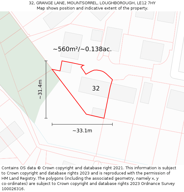 32, GRANGE LANE, MOUNTSORREL, LOUGHBOROUGH, LE12 7HY: Plot and title map