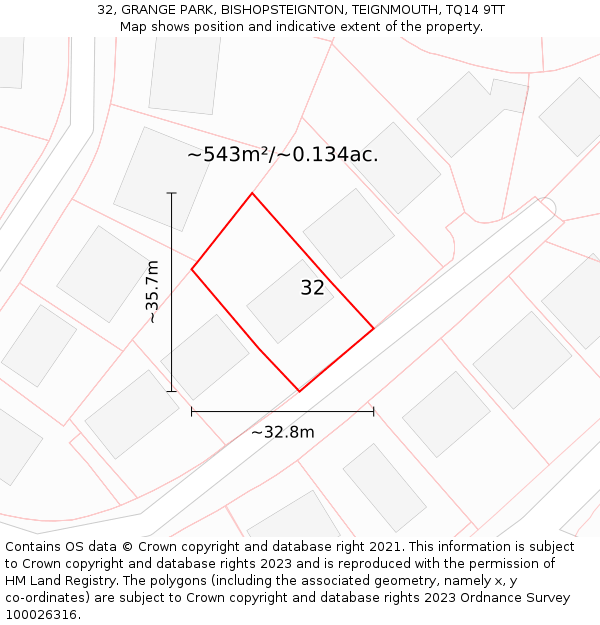 32, GRANGE PARK, BISHOPSTEIGNTON, TEIGNMOUTH, TQ14 9TT: Plot and title map