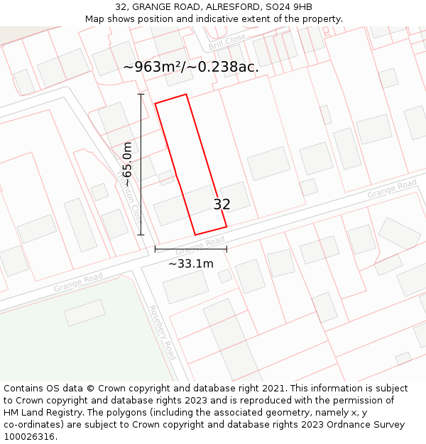 32, GRANGE ROAD, ALRESFORD, SO24 9HB: Plot and title map