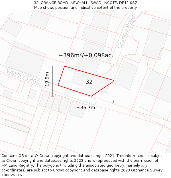 32, GRANGE ROAD, NEWHALL, SWADLINCOTE, DE11 0SZ: Plot and title map