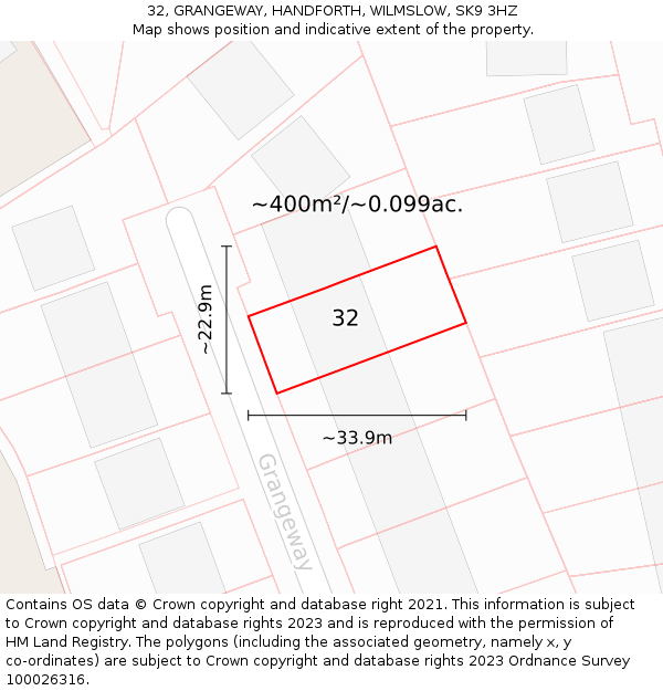 32, GRANGEWAY, HANDFORTH, WILMSLOW, SK9 3HZ: Plot and title map