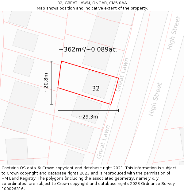32, GREAT LAWN, ONGAR, CM5 0AA: Plot and title map