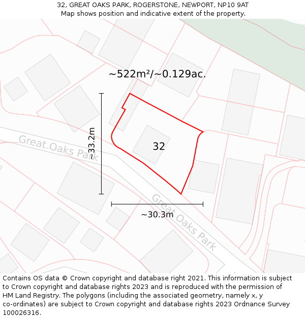 32, GREAT OAKS PARK, ROGERSTONE, NEWPORT, NP10 9AT: Plot and title map
