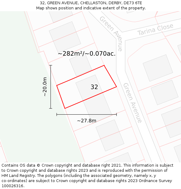 32, GREEN AVENUE, CHELLASTON, DERBY, DE73 6TE: Plot and title map