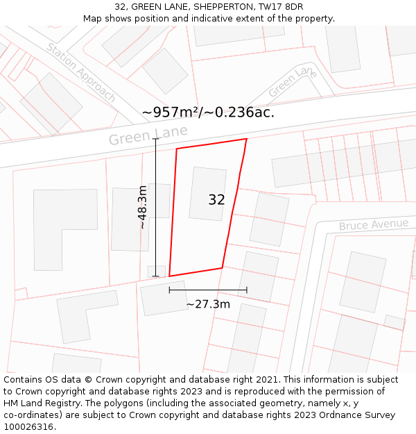 32, GREEN LANE, SHEPPERTON, TW17 8DR: Plot and title map