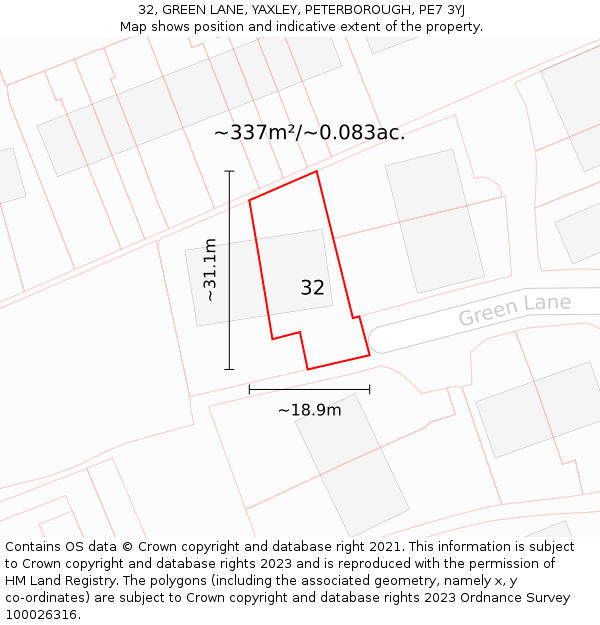 32, GREEN LANE, YAXLEY, PETERBOROUGH, PE7 3YJ: Plot and title map