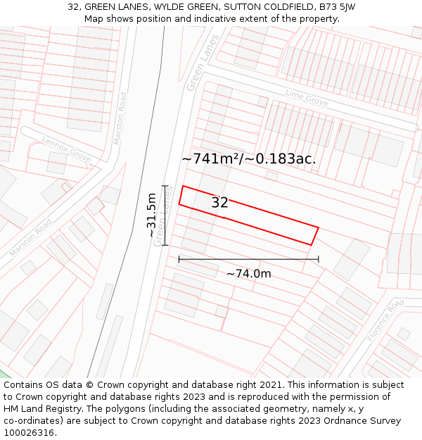 32, GREEN LANES, WYLDE GREEN, SUTTON COLDFIELD, B73 5JW: Plot and title map