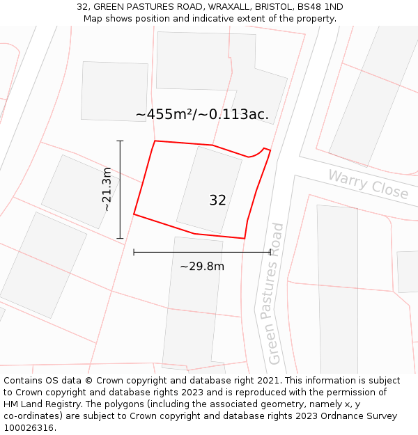 32, GREEN PASTURES ROAD, WRAXALL, BRISTOL, BS48 1ND: Plot and title map