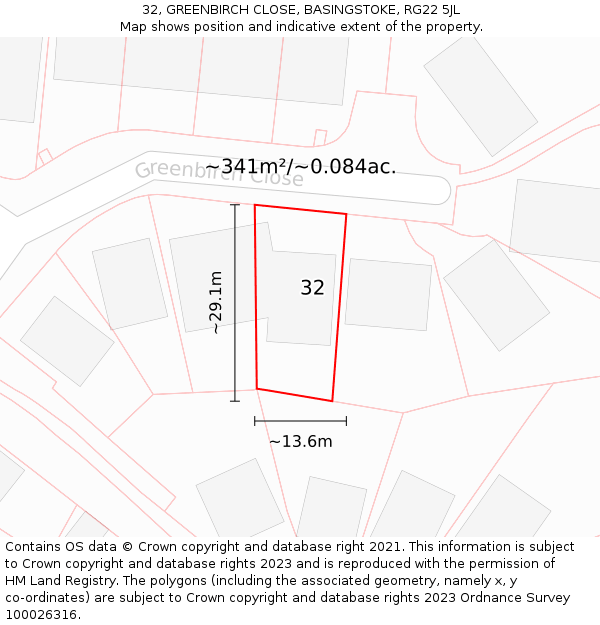 32, GREENBIRCH CLOSE, BASINGSTOKE, RG22 5JL: Plot and title map