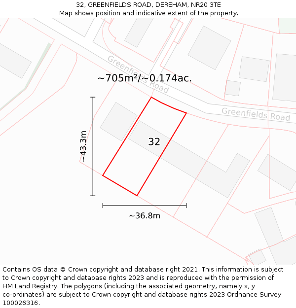 32, GREENFIELDS ROAD, DEREHAM, NR20 3TE: Plot and title map