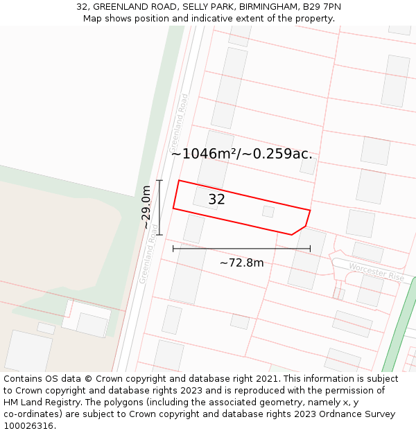 32, GREENLAND ROAD, SELLY PARK, BIRMINGHAM, B29 7PN: Plot and title map