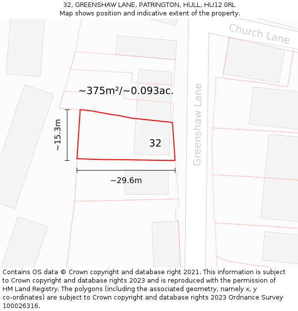 32, GREENSHAW LANE, PATRINGTON, HULL, HU12 0RL: Plot and title map