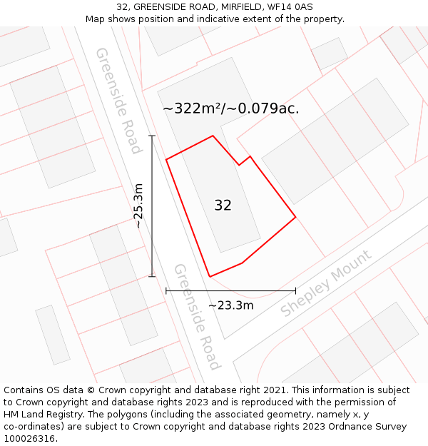 32, GREENSIDE ROAD, MIRFIELD, WF14 0AS: Plot and title map