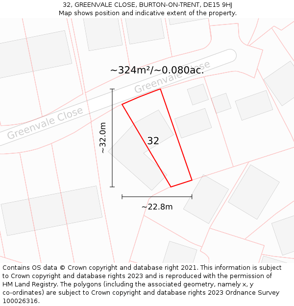 32, GREENVALE CLOSE, BURTON-ON-TRENT, DE15 9HJ: Plot and title map