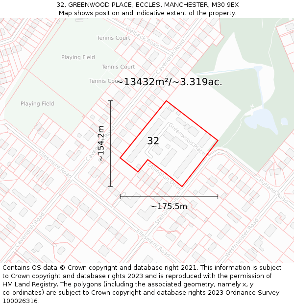 32, GREENWOOD PLACE, ECCLES, MANCHESTER, M30 9EX: Plot and title map