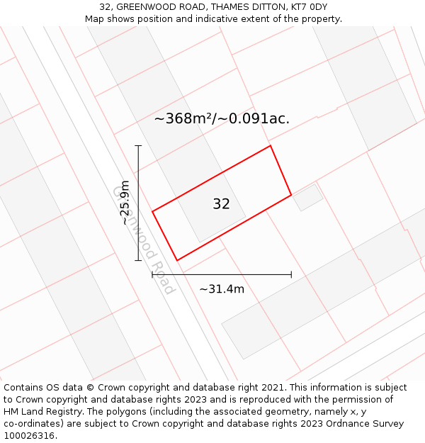 32, GREENWOOD ROAD, THAMES DITTON, KT7 0DY: Plot and title map
