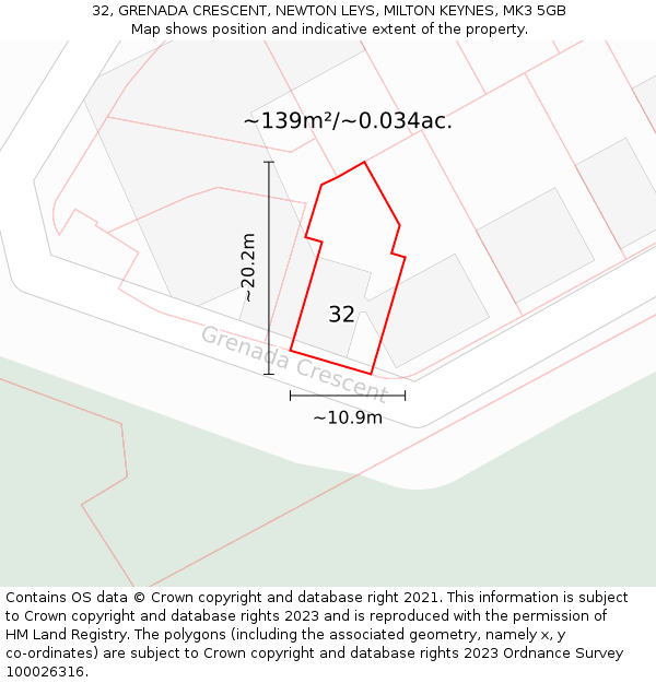 32, GRENADA CRESCENT, NEWTON LEYS, MILTON KEYNES, MK3 5GB: Plot and title map
