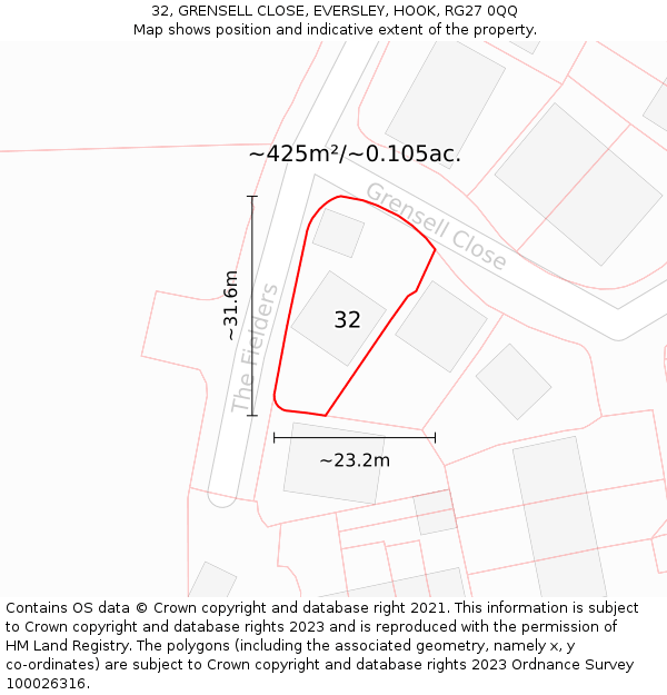32, GRENSELL CLOSE, EVERSLEY, HOOK, RG27 0QQ: Plot and title map