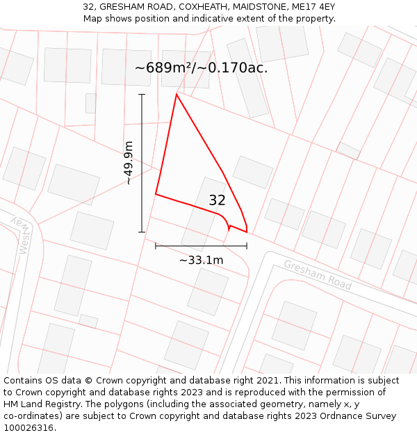 32, GRESHAM ROAD, COXHEATH, MAIDSTONE, ME17 4EY: Plot and title map