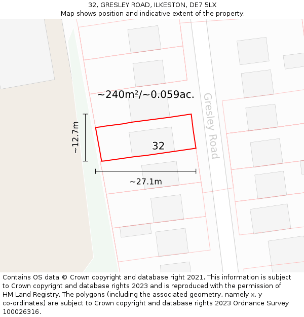 32, GRESLEY ROAD, ILKESTON, DE7 5LX: Plot and title map